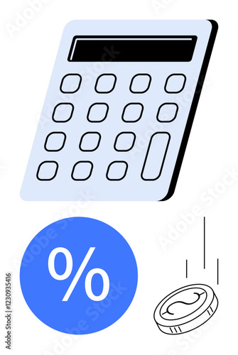 Calculator with numeric keypad, percentage symbol in a blue circle, and coin suggesting financial calculations, savings, or investment. Ideal for finance, budgeting, accounting, interest