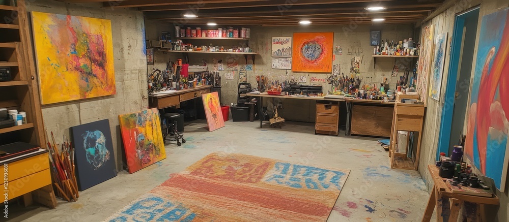 An artist's studio with concrete walls, two desks, a large rug, and many paintings. An artist's studio with concrete walls, two desks, a large rug, and many paintings.