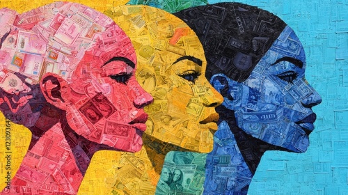 A vibrant mural featuring three female profiles in red, yellow, and blue, illustrating diversity and cultural richness with collage elements.