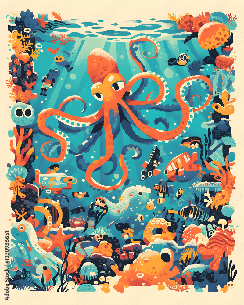 Obraz premium Verspielter Oktopus in bunter Unterwasserwelt – Cartoon-Kunst