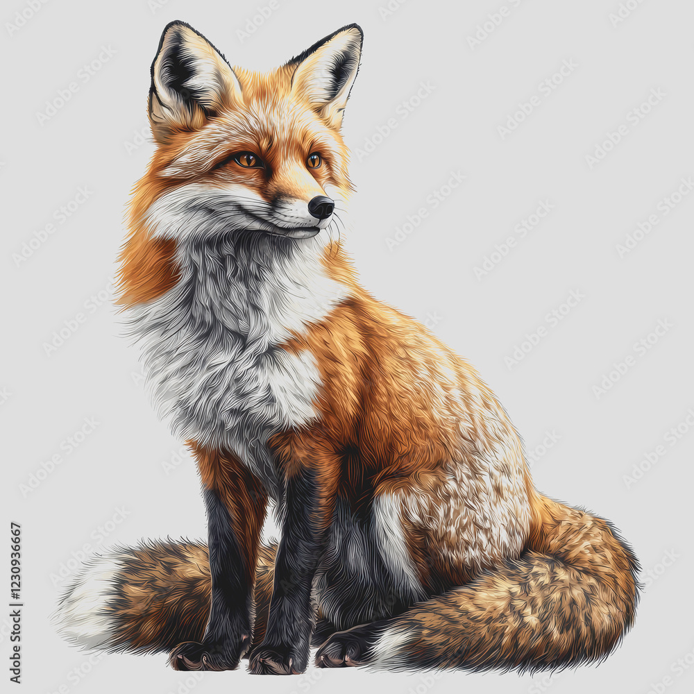Fototapeta premium Drawing of a fox sitting on the ground in a natural setting surrounded by grass and plants with a clear view of its features and posture