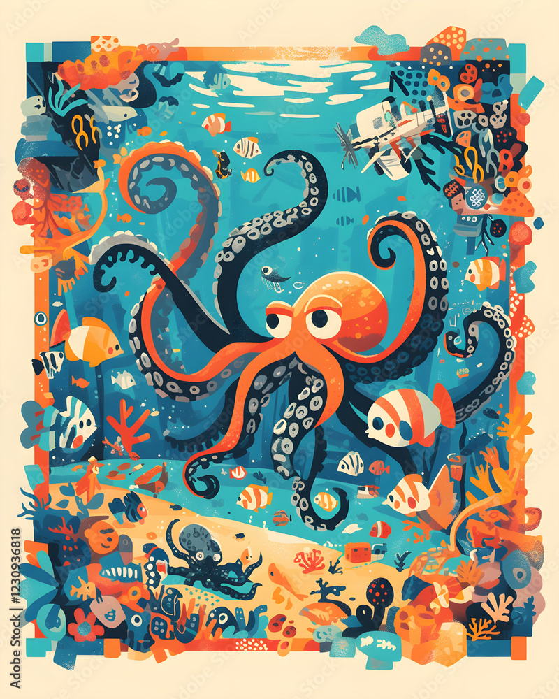 Obraz premium Farbenfroher Oktopus in lebendiger Unterwasserwelt – Illustration
