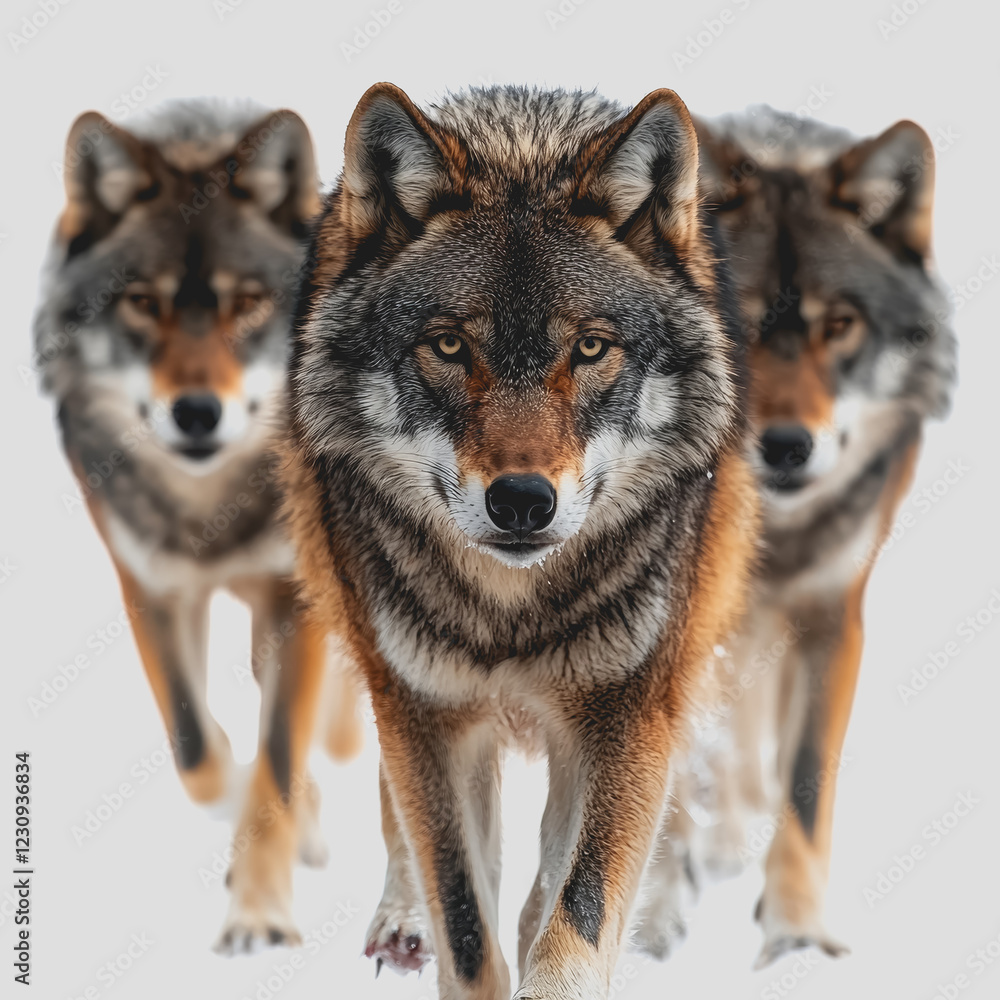 Fototapeta premium Three wolves walking across a snowy landscape in winter showcasing their natural behavior and environment