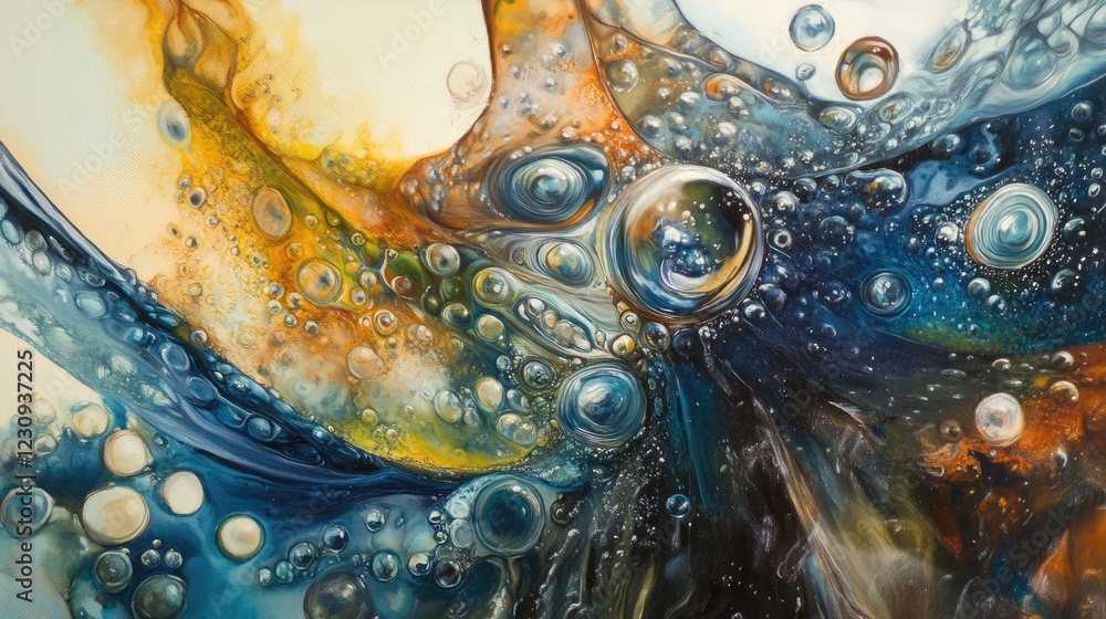Close-up of oil and water mixing, creating shimmering patterns with swirling colors and abstract designs Close-up of oil and water mixing, creating shimmering patterns with swirling colors and abstract designs