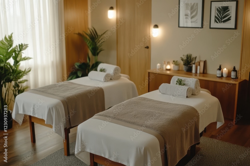 Tranquil Spa Room with Two Massage Tables and Calming Natural Elements Tranquil Spa Room with Two Massage Tables and Calming Natural Elements