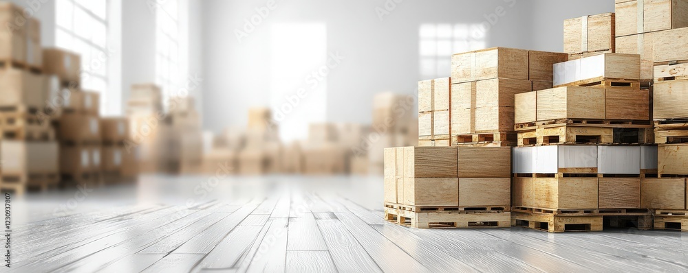 A bright storage area showcasing stacks of wooden pallets filled with crates, suggesting organization and readiness for shipping or inventory management. A bright storage area showcasing stacks of wooden pallets filled with crates, suggesting organization and readiness for shipping or inventory management.