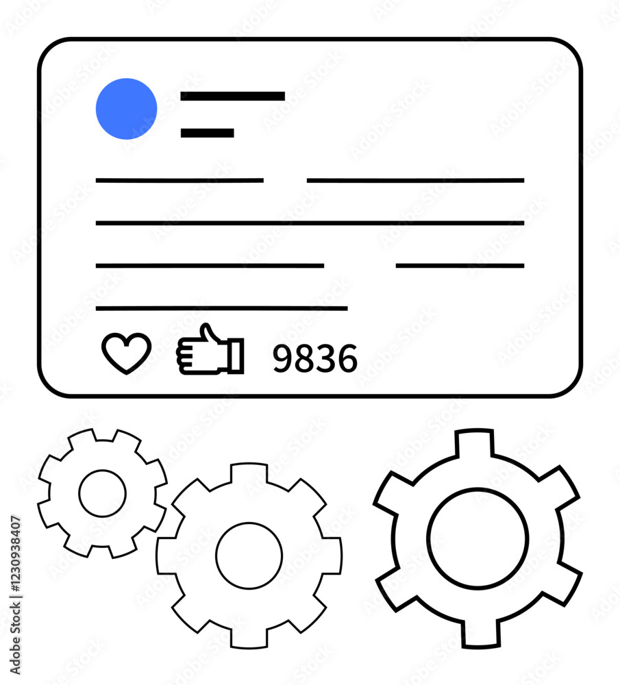 Fototapeta premium Social media post analytics with thumbs up and follower count. Includes heart, thumbs up icons, profile detail lines, and gears. Ideal for social media engagement, user interaction, digital