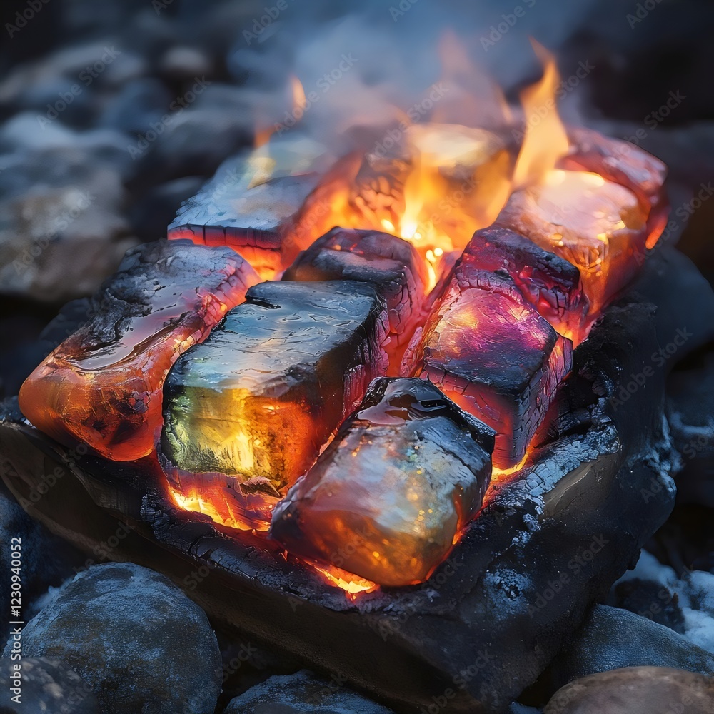 A pile of ice cubes on a grill with a fire underneath A pile of ice cubes on a grill with a fire underneath