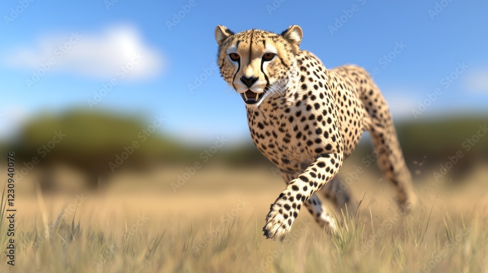 Cheetah Running Across African Savanna Under Bright Sunlight Cheetah Running Across African Savanna Under Bright Sunlight