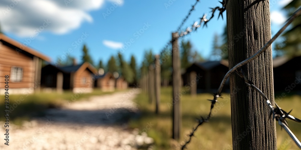 internment camp with barbed wire fencing and wall empty internment camp with barbed wire fencing and wall empty