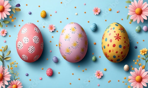 Colorful easter eggs and spring flowers arranged on a light blue background create a cheerful and festive scene photo