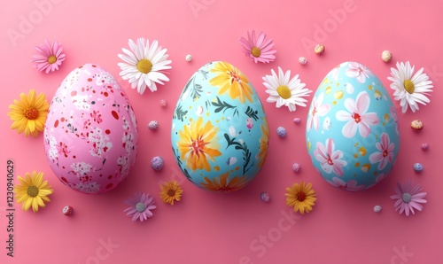 Colorful easter eggs decorated with flowers and small candies lying on a pink background photo