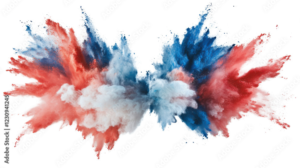 Red white and blue powder exploding on transparent background Red white and blue powder exploding on transparent background