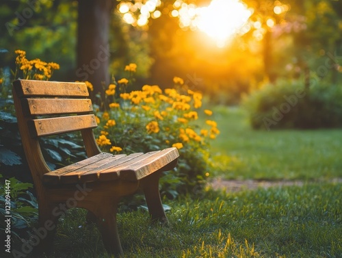 A serene wooden bench surrounded by vibrant flowers, basking in the warm glow of a sunset, inviting relaxation in nature.