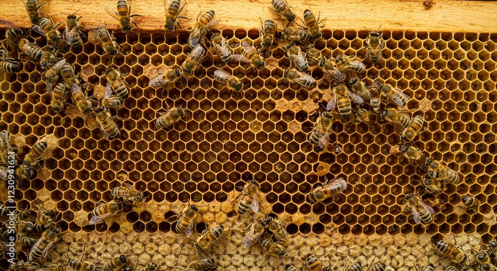 Close-up of bees actively working on honeycomb cells, showcasing their intricate labor in honey production Close-up of bees actively working on honeycomb cells, showcasing their intricate labor in honey production