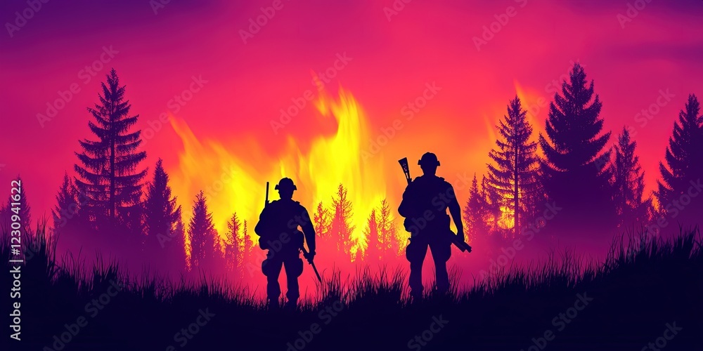 Fototapeta premium firemen fighting forest fire 