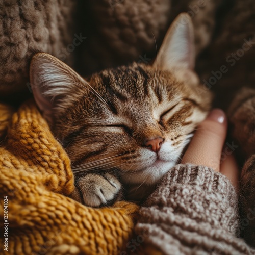 A cozy scene of a sleeping cat nestled in warm knitwear, evoking comfort and tranquility in a homey setting.