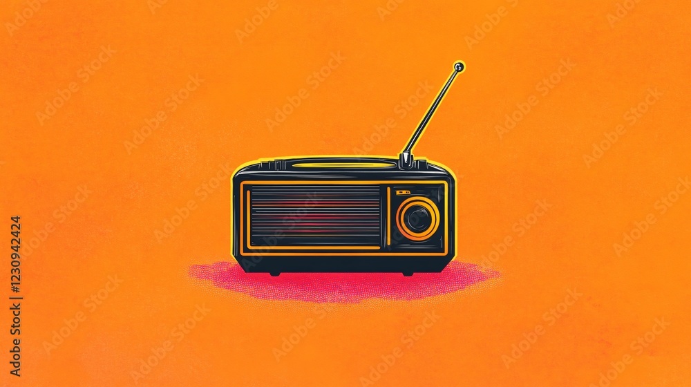Obraz premium Vintage Radio Nostalgia: A classic black and gold radio, complete with a telescopic antenna, sits on a bright orange background.
