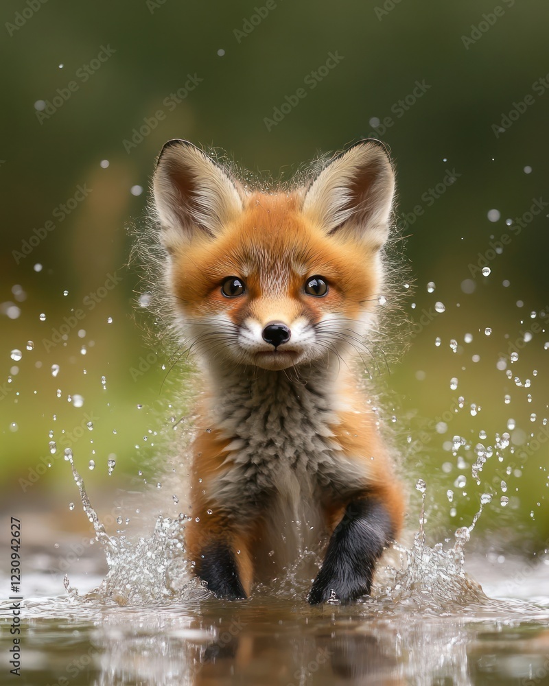 Obraz premium Red fox kit splashing, forest stream, playful