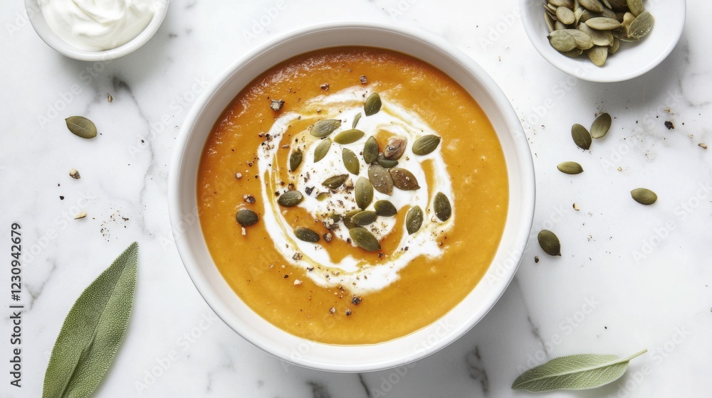 A rich and creamy butternut squash soup topped with a swirl of crème fraîche and a sprinkle of roasted pumpkin seeds, served in a white ceramic bowl, Soup bowl centered A rich and creamy butternut squash soup topped with a swirl of crème fraîche and a sprinkle of roasted pumpkin seeds, served in a white ceramic bowl, Soup bowl centered
