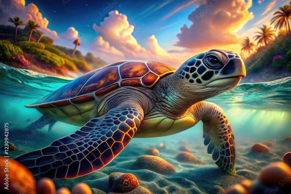 Fototapeta premium A breathtaking drone photo: 3D pixel art showcases a turtle from above in high resolution.