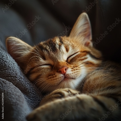 A peaceful sleeping kitten with a serene expression, nestled comfortably in soft blankets, embodying cuteness and tranquility.