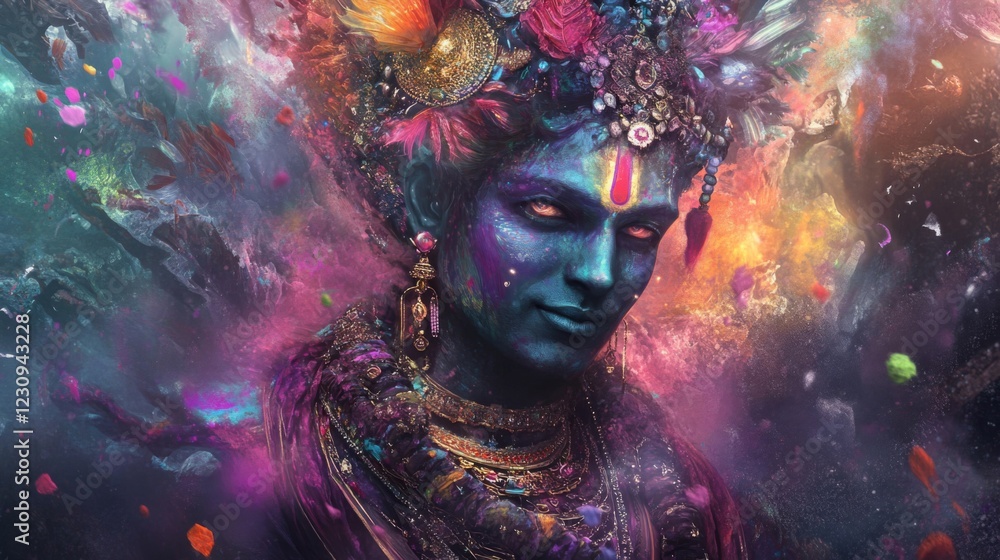 Cosmic Portrait of a Hindu Deity with Vibrant Colors and Ornate Jewelry Cosmic Portrait of a Hindu Deity with Vibrant Colors and Ornate Jewelry