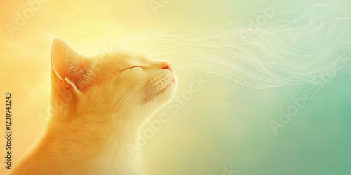 A serene cat basking in soft, colorful light, embodying tranquility and mindfulness, with a peaceful aura surrounding it.