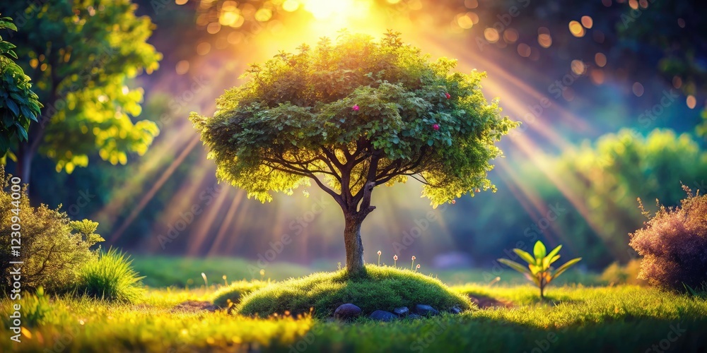 A fantasy nature photograph depicts a tiny tree ecosystem bathed in surreal sunshine, magical plant life flourishing.