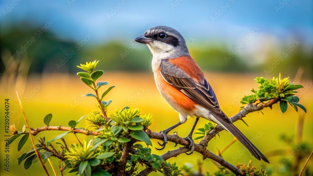 Fototapeta premium African grey-backed shrike, perched on a branch, overlooking the Masai Mara's tall grasses.