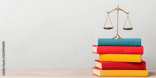 A stack of colorful books with a balanced scale on top, symbolizing law, justice, and knowledge.