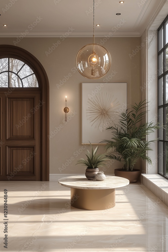 Fototapeta premium Modern Entryway Design Featuring Round Table and Stylish Lighting