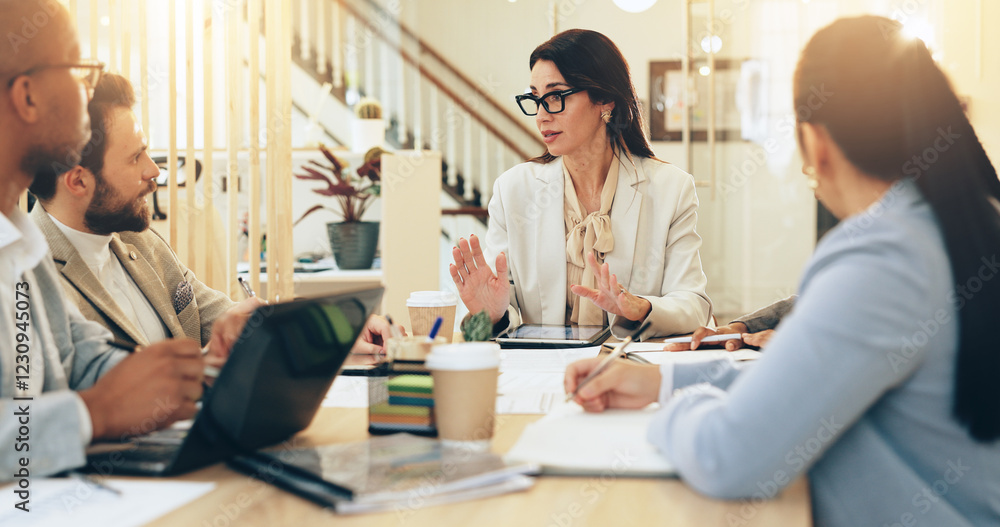 Fototapeta premium Group, business people and tablet for meeting, project management and creative agency. Team, technology and planning for designer, paperwork and research in company, office or review as collaboration