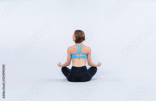 Photos Full body length back rear view gaiety shot athletic and sporty woman doing healthy and meditative yoga exercise workout posture on isolated background