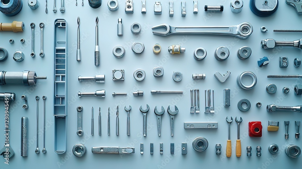 Assorted Metal Tools and Hardware Arranged on a Flat Surface Assorted Metal Tools and Hardware Arranged on a Flat Surface