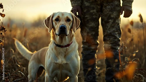 Labrador retriever stands by its owner in a field during sunset with warm golden light