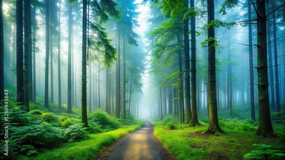 Obraz premium Atmospheric landscape photography: foggy forest scene, rule of thirds composition, misty woods.