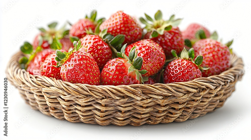 Fresh strawberries in wicker basket, white background, food photography, healthy eating Fresh strawberries in wicker basket, white background, food photography, healthy eating
