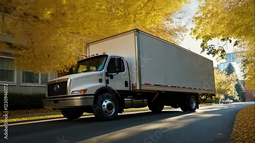 A large box truck drives down a residential street lined with autumn trees and houses on a sunny day.