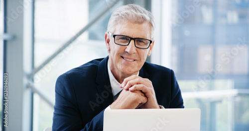 Cuadro en lienzo Portrait, laptop and mature man in office, smile and glasses with accounting firm