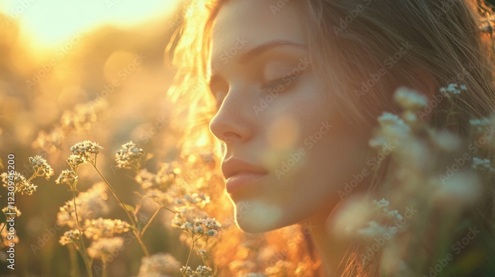 Fototapeta premium Serene Young Woman in Golden Hour Sunlight Amidst White Flowers