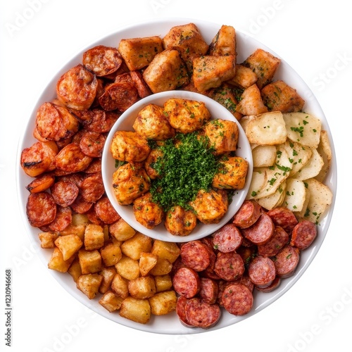 A platter of assorted tapas including patatas bravas and chorizo, isolated white background, abstract art style photo