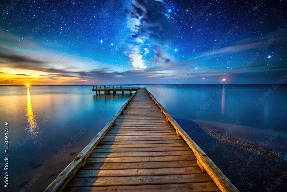 Obraz premium Capture breathtaking long-exposure images of a wooden pier at night, against a starry sky and dark ocean.