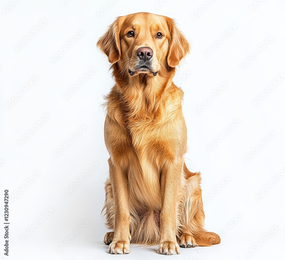 Golden Retriever sitting and looking forward on white background, full-body shot. Perfect for pet-related themes or animal photography. Golden Retriever sitting and looking forward on white background, full-body shot. Perfect for pet-related themes or animal photography.