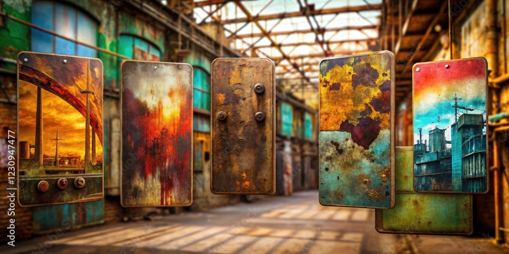 Fototapeta premium Capture the decay: Urban exploration photography. New label design, grungy industrial style.