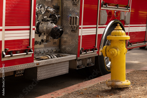 A red fire engine pulls up to a yellow fire hydrant on a city street in San Jose, California, USA.