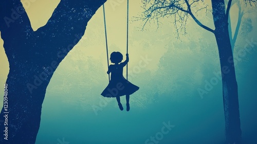 Girl swinging in misty forest, peaceful solitude, childhood memories