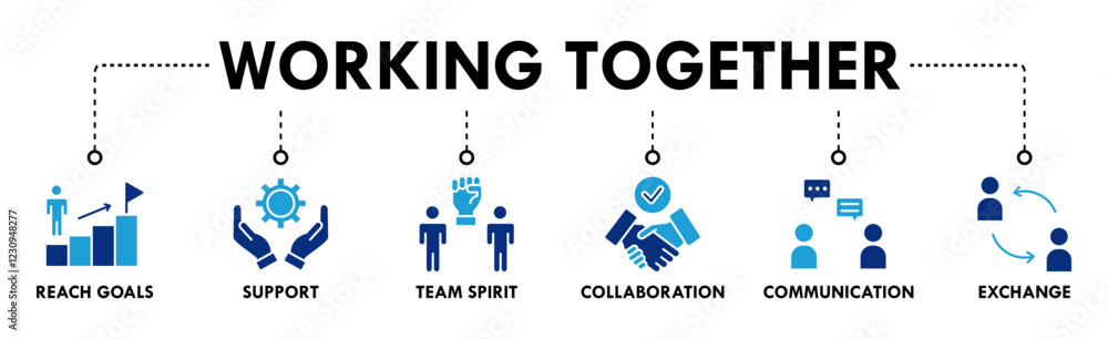 Working together banner web icon vector illustration concept for team management with an icon of collaboration, reach goals, team spirit, support, communication, and exchange Working together banner web icon vector illustration concept for team management with an icon of collaboration, reach goals, team spirit, support, communication, and exchange