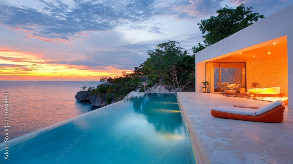 Fototapeta premium Stunning Sunset Over Private Infinity Pool at Exclusive Coastal Villa Retreat