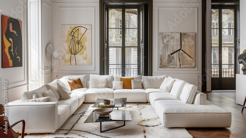 Modern Interior Design White. Furniture Trends. White walls and Window. Sofa and Chair. Apartment Living Room. Madrid